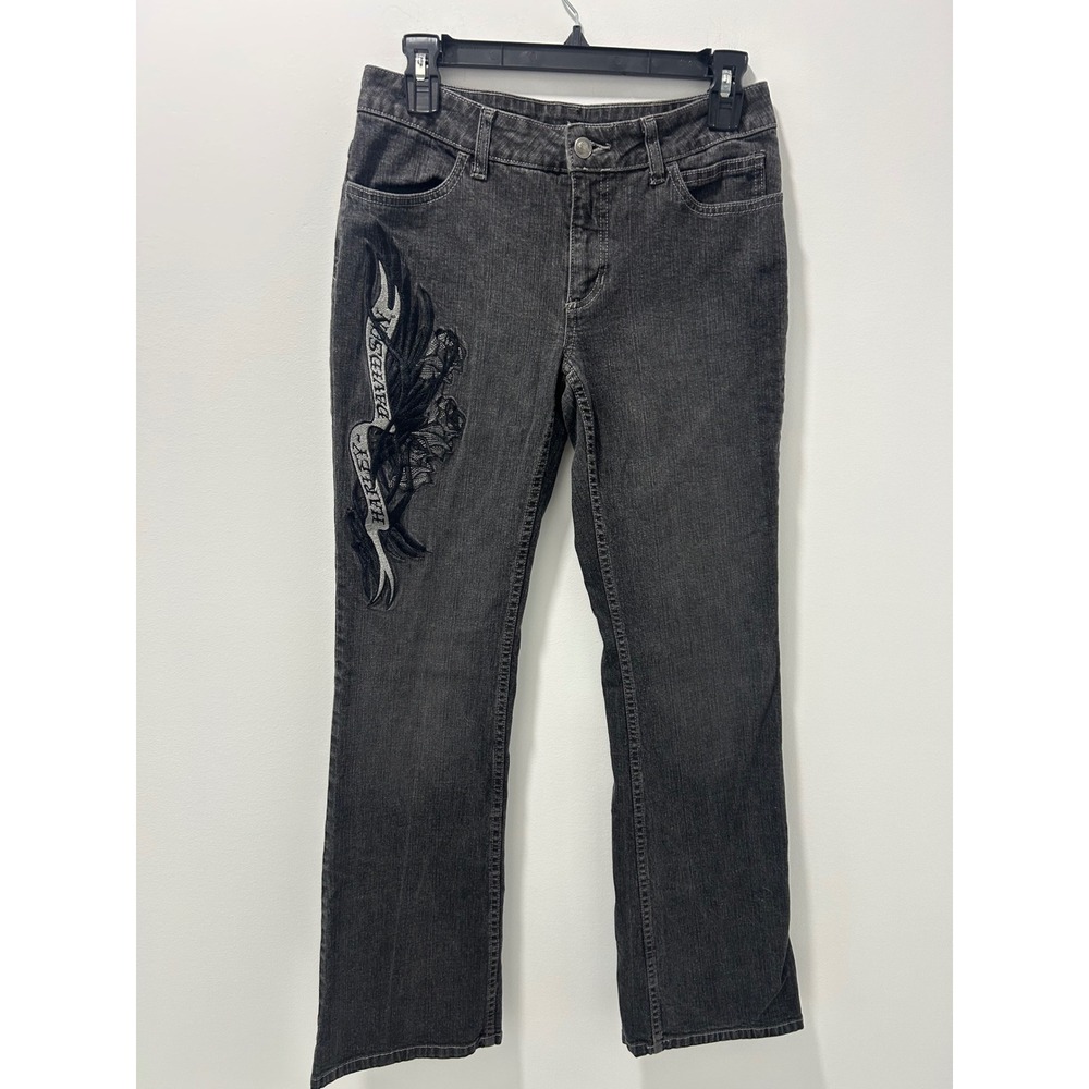 Harley-Davidson Womens Black Embroidered Wing Rose Bootcut Jeans Size 6